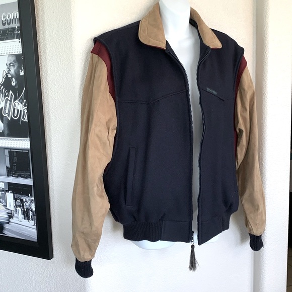 CRIPPLE CREEK Western wool arena jacket, navy & tan, zip front, pockets. M EUC - Picture 1 of 17